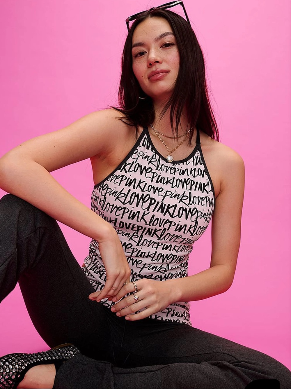 VS PINK All-Day Cotton High-Neck
Bra Tank Allover LovePINK Script M NWT